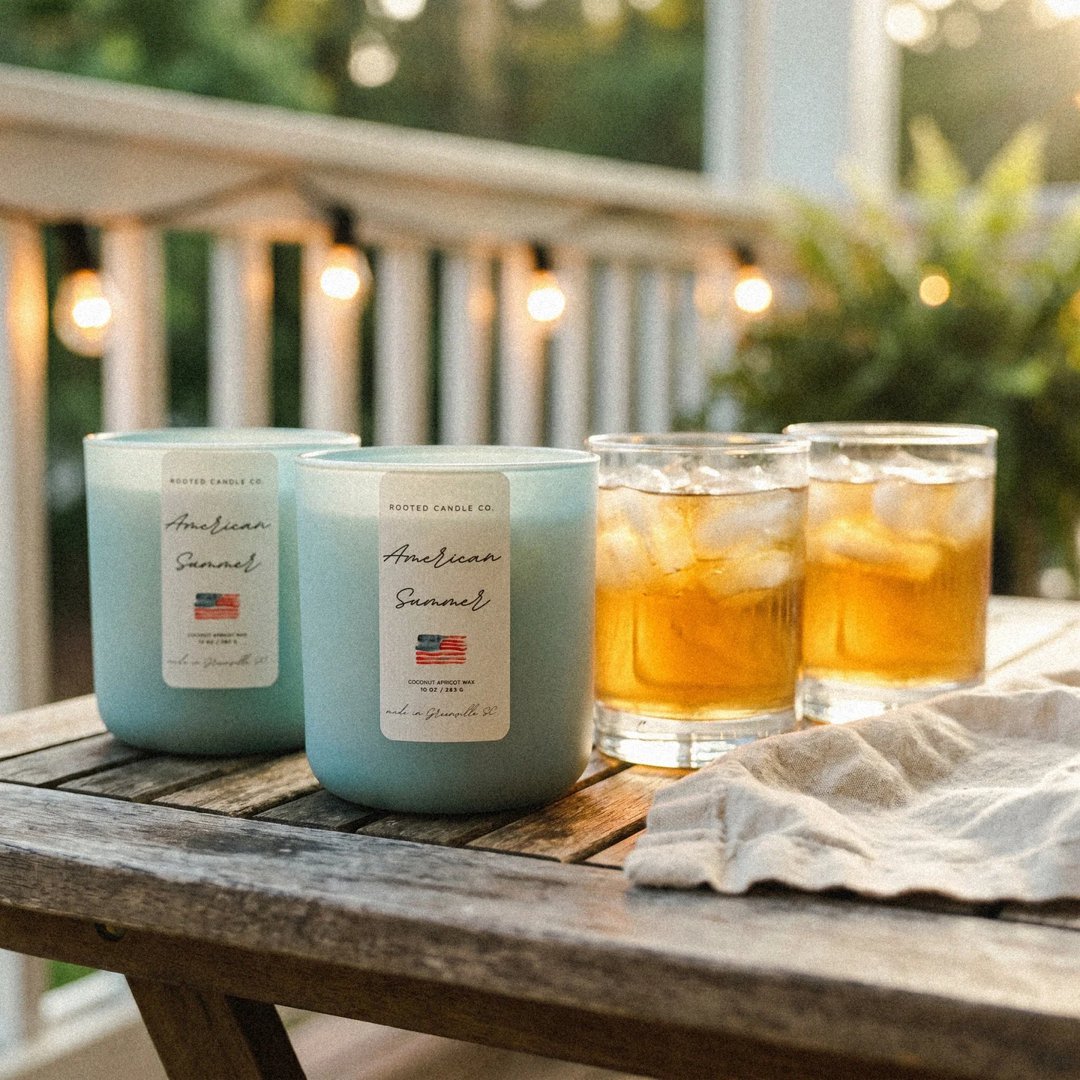 A candle glowing on a sunlit porch